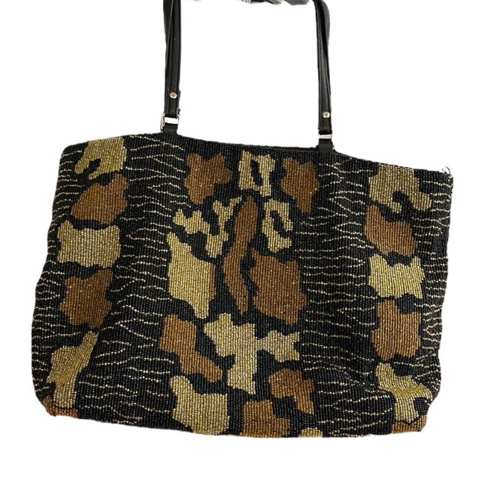 VINTAGE CHRISTIANA ANIMAL PRINT FULL BEADED SHOULDER BAG BLK GOLD TAN - Picture 3 of 12